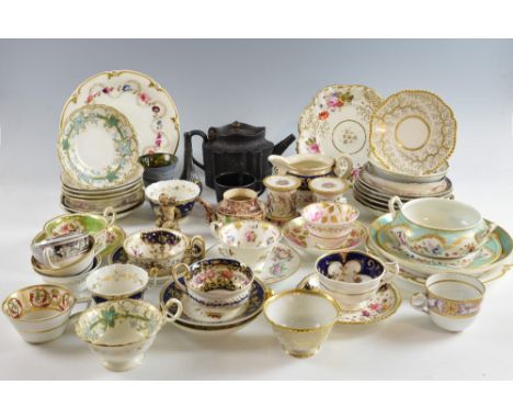 19th century tea wares and later  including cups, saucers, and plates including Spode and Bloor Derby, Wedgwood basalt teapot