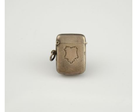George V silver vesta case, with engine turned body and vacant shield cartouche, by Joseph Gloster Ltd., Birmingham 1912, 4 c
