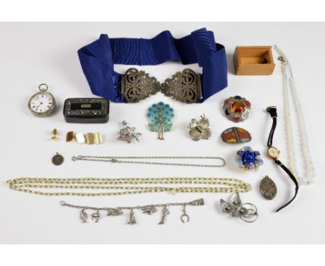 Collection of costume jewellery, including Victorian silver nurses buckle, enamel and marcasite brooch of lady walking a dog,