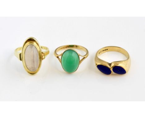 Vintage green chalcedony ring, hallmarked Birmingham 1973, size M half, dress ring, two pear shaped cabochon cut lapis lazuli