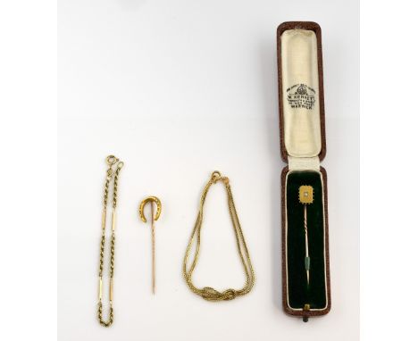 Group of gold jewellery, bar link and rope bracelet, with bolt ring clasp, measuring 20cm, two strand knot bracelet, measurin