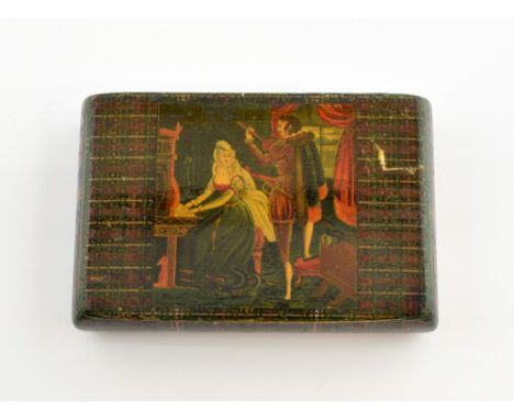Victorian Mauchline Tartanware snuff box the lid with a rectangular panel of musicians. 6cm x 8.5cm.    