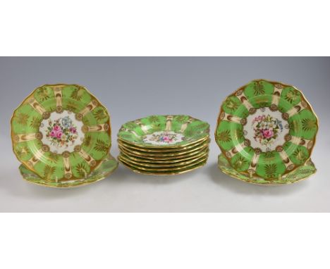 Set of 12 Hammersley dessert plates painted with flowers signed by D Millington (one appears unsigned) within apple green and