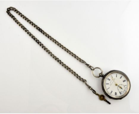 A Victorian key wind open face silver pocket watch signed Pioneer Lever H.E. Peck London, the white enamel dial with black Ro