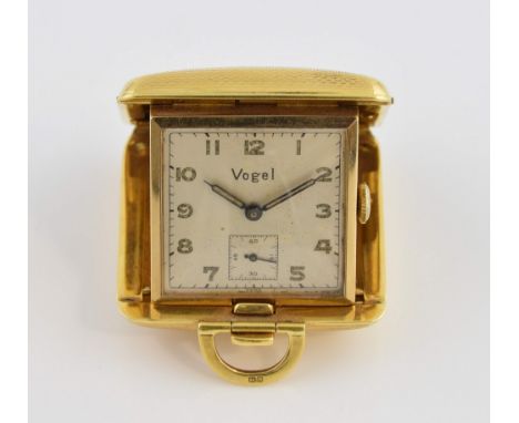 1950's Vogel gold cased travel clock, square dial with Arabic numerals, sub dial and minute tracker, mechanical MIRA movement