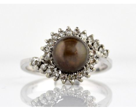 Pearl and diamond cluster ring, central purplish brown pearl, measuring approximately 7.5mm in diameter, set with Swiss cut d