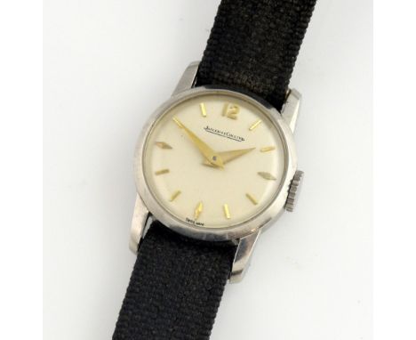 A Jaeger Le Coultre  ladies wrist watch, the stainless steel case  enclosing circular white enamel dial signed Jaeger Le Coul