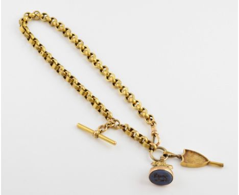 Victorian Albert chain, with faceted and decorated links, in yellow metal testing as 9 ct with higher gilding, measuring appr