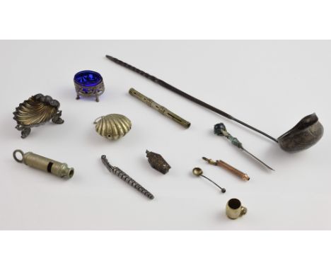 Victorian silver shell salt on dolphin feet ,London circa 1871  silver plated rattle in the form of a shell, bosuns whistle, 