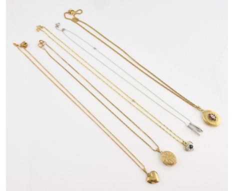 Five gold pendants and chains, diamond pendant, round cut diamond, mounted between two bars, in white metal testing as 18 ct,