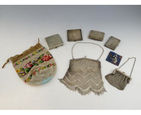 Three silver cigarette cases with engine turned decoration, silver mesh purse, white metal mesh purse, silver plated cigarett