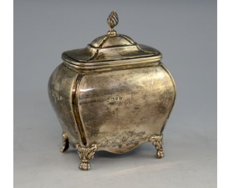 Victorian silver tea caddy and cover, of bulbous form, on four lion's paw feet, maker's mark 'RH', Chester, 1898, 6oz, 188g,.