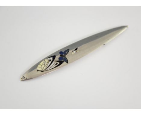 French silver and enamel letter opener, decorated with three enamel butterflies, signed G Barboteaux, 12 cm long, 29 g..    