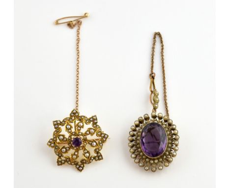 Two Edwardian pendant brooches, oval pendant with central amethyst, estimated weight 8.12 carats, set within a border of spli