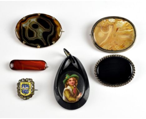 Group of jewellery to include a large jet pendant set with a porcelain portrait plaque, Victorian agate brooches, turquoise, 