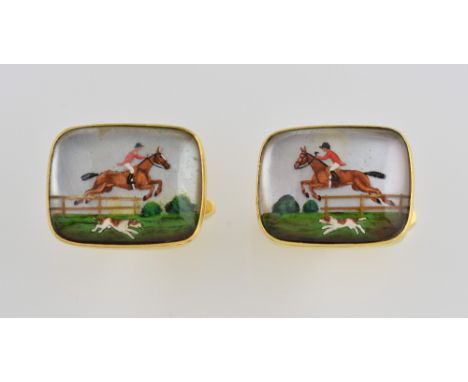 Vintage gold cufflinks, rectangular rock crystal depicting hunting scene, with horse and hound, mounted in 18 ct, hallmarked 