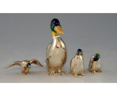 Four silver and enamel ducks, marked '925', import marks, one marked for London, 1997,.    