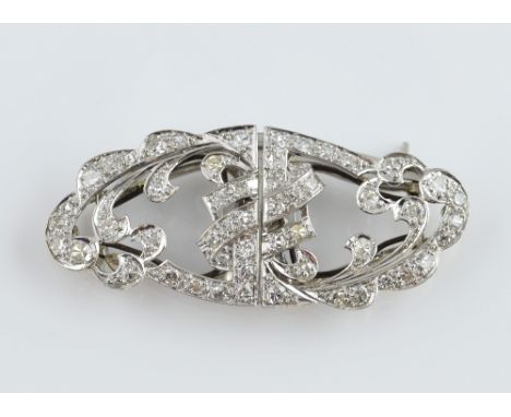 Art Deco diamond double clip brooch, set with Swiss cut diamonds, estimated total weight 1.20 carats, estimated colour H/I an