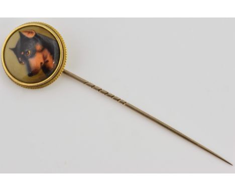 Victorian enamel Manchester Terrier stick pin by William Bishop Ford, signed on reverse, dated 1879, mounted in yellow metal 