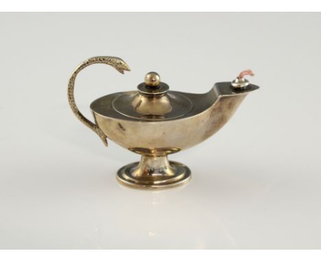 George V silver table lighter, in the form of an Aladdin's lamp, with curling snake handle, by Mappin & Webb Ltd, Birmingham 