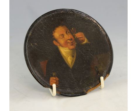 19th century portrait miniature of a man in black jacket with a glass of wine, oil on panel,  10cm diameter  .    