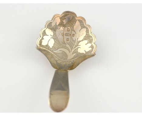William IV silver caddy spoon, with bright-cut decoration to bowl and stem, by Taylor and Perry, Birmingham 1834, 8 cm long, 