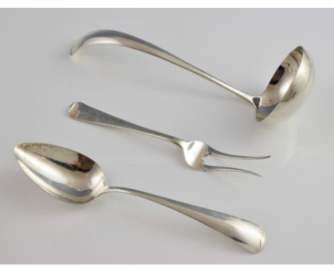 1920's Dutch silver soup ladle matching serving spoon, by Gerritsen & Van Kempen, Utrecht, 1926, and two pronged fork, 12.5oz