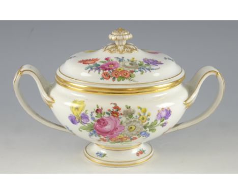 Dresden twin handled tureen and cover decorated with flowers and highlighted in gilt, factory mark to base, 20cm x 32cm.    L