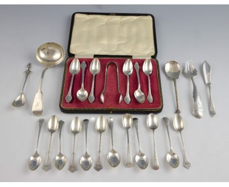 Set of six George V silver teaspoons and sugar tongs, by P Ashberry & Sons, Sheffield, 1923, in fitted case, silver sauce lad
