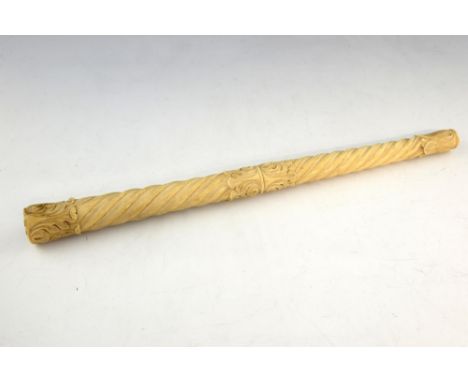 19th century ivory column carved with a spiral and acanthus leaves, 40cm PLEASE NOTE: THIS ITEM CONTAINS OR IS MADE OF IVORY.