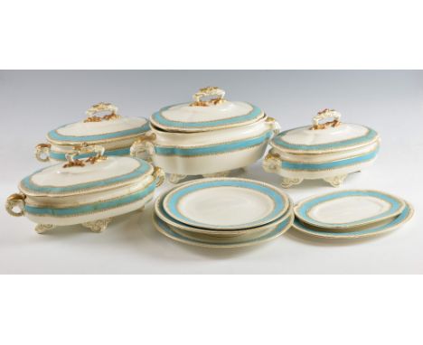 Late 19th Century Royal Worcester dinner service with elephant handles and duck feet finials, decorated with a turquoise band