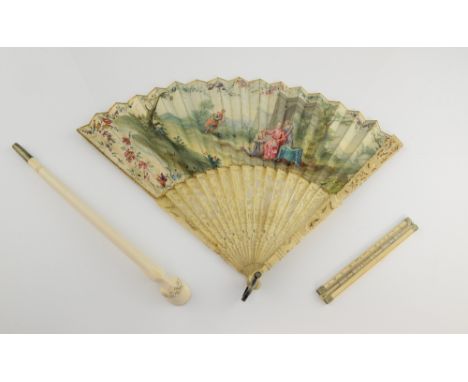 Ivory quill holder in the form of a horse's hoof, 28cm, an ivory fan with handpainted scene and an ivory measure marked Job a