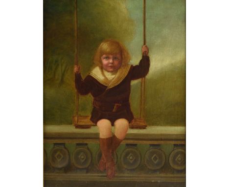 Early 20th century portrait of a boy on a swing, oil on canvas, signed indistinctly and dated 1909, 43cm x 32cm and an oval p