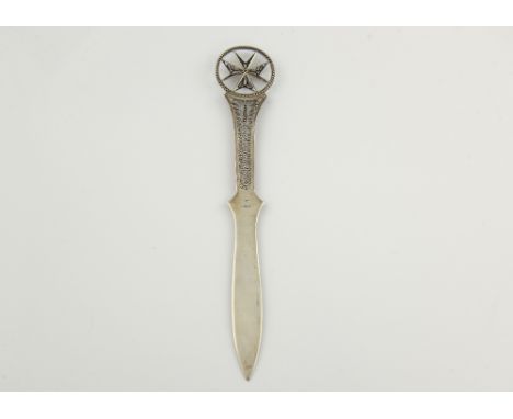 20th century Maltese silver letter opener, with filigree handle and Maltese Cross finial, stamped 925, 16.5 cm long, 13 g..  