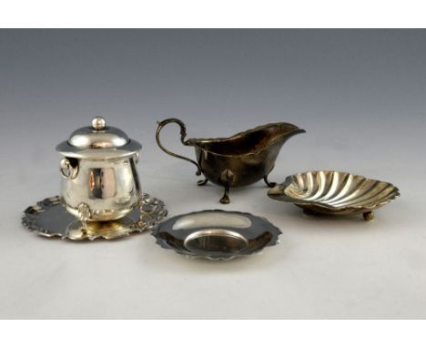 Modern silver card tray with serpentine border, by Roberts & Dore, Sheffield, shell-shaped bonbon dish, sauce boat, small dis