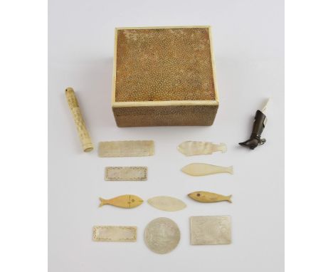 Shagreen cigarette box,, 11cm wide  small collection of mother of pearl gaming counters, cheeroot holder in the form of a boo