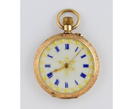 Ladies pocket watch, the circular foliate embossed case, surmounting a white enamel dial with blue Roman numerals and gold co