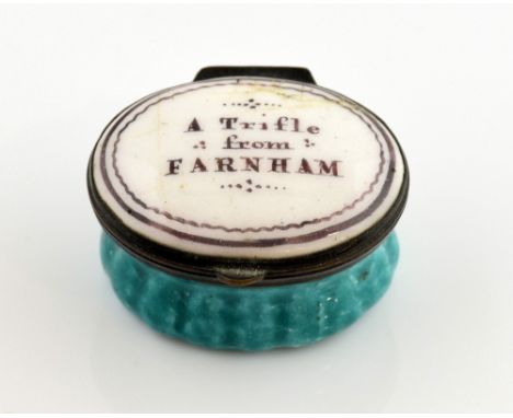 19th century Bilston enamel patch box 'A Trifle from Farnham',.    hairline cracks to cover - 1 across the whole top, and oth