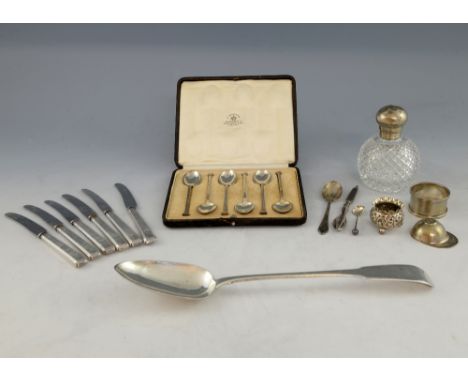 George III Irish silver fiddle pattern gravy spoon, by Samuel Neville, Dublin, 1815 and other items to include a caddy spoon,