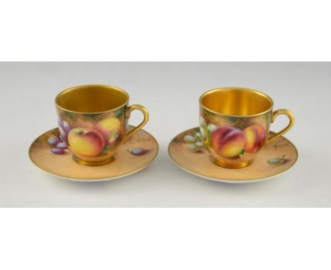 Pair Royal Worcester fruit painted cabinet cups and saucers, signed indistinctly, the saucers 9.5cm dia. circa 1970.    
