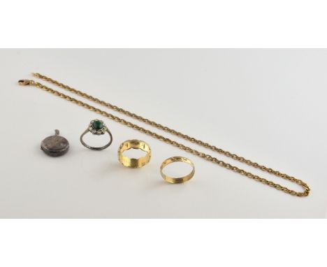 Collection of mixed jewellery, scalloped edged ring, size T, wedding band with star engraved detail, size W, both in 9 ct wit
