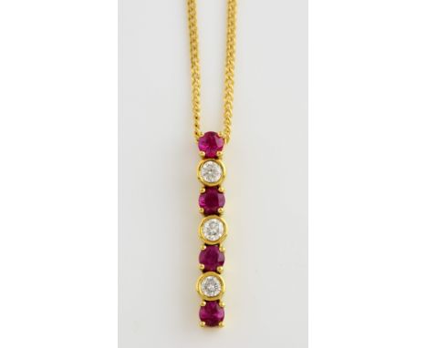 Ruby and diamond articulated line pendant, three round brilliant cut diamonds alternately set with four round cut rubies, mou