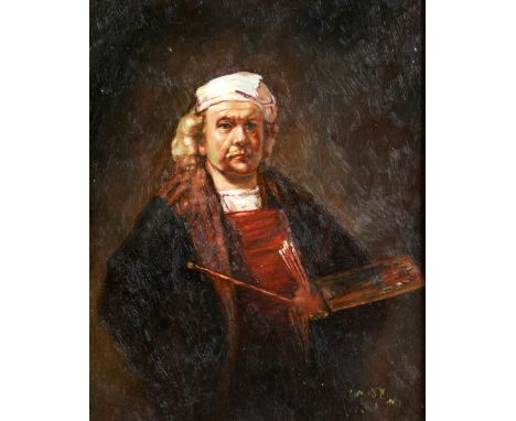 Copy of Rembrandt self-portrait, indistinctly signed, oil on panel, framed, picture size: 24cm x 19cm, frame size: 39.5cm x 3