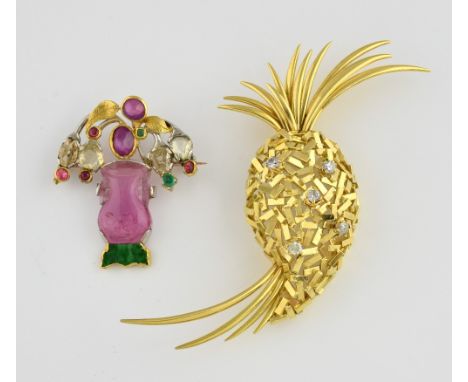 Two vintage brooches, a gold pineapple form brooch set with five brilliant cut diamonds, estimated total diamond weight 0.65 