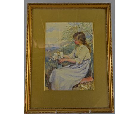 Mary Evelina Kindon (1849-1919), girl wearing an apron seated and polishing a lamp, watercolour, signed, 35 x 24.5cmMary Kind