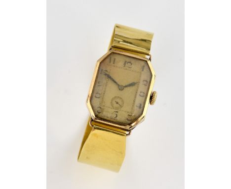 1920's ladies gold wristwatch, octagonal dial, Arabic numerals and sub dial, mechanical15 jewels Swiss movement, case in 9 ct