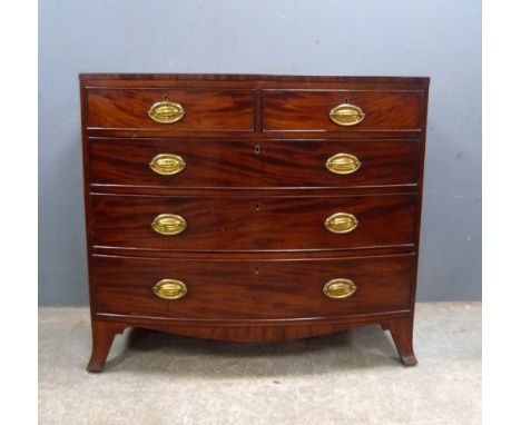 19th century chest of two short and three long drawers on splayed bracket feet, 96cm x 110cm .    