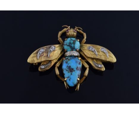 James Bond film provenance: Gold and turquoise insect brooch, the wings set with diamonds, ruby eyes, and a polished turquois