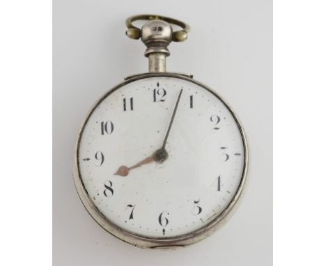 George IV silver pair cased pocket watch,the white enamel dial with Arabic numerals,gold hour hand and steel minute hand, The