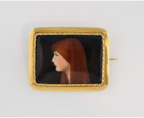 Limoges enamel brooch, profile of lady with red head scarf, mounted rectangular setting in yellow metal testing as 18 ct ,sur